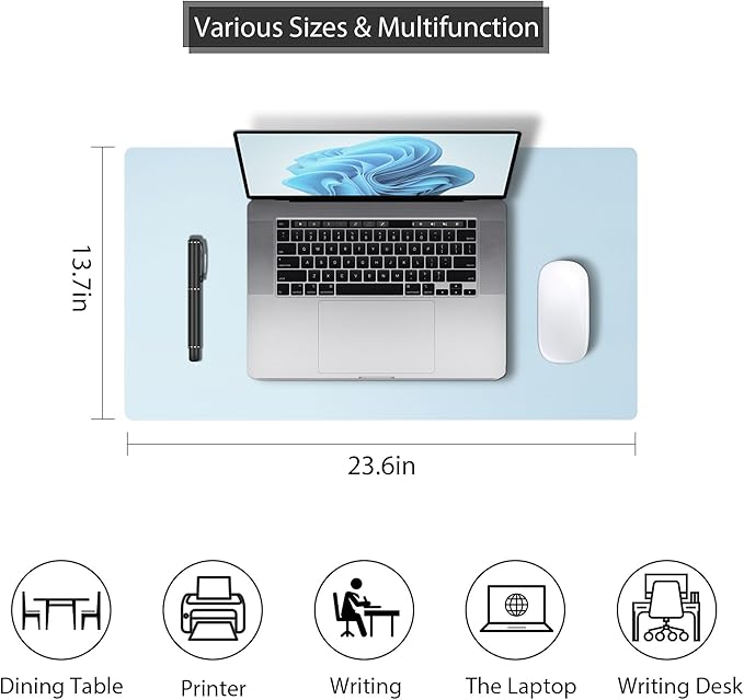 Leather Desk Pad Protector, Mouse Pad, Non-Slip Computer Mat for Desk, PU Leather Office Desk Mat for Home & Office, Waterproof Laptop Desk Blotter for Keyboard and Mouse, Baby Blue (15.7''X31.5'')