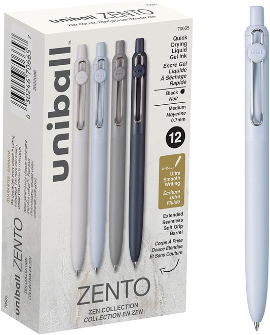 Uniball Zento Gel Ink Rollerball Pens, 12 Black Medium Point Smooth Writing Pens, Colored Japanese Pens, Zen Colors