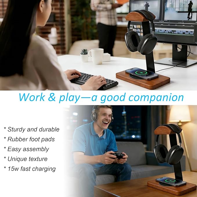 Solid Wooden Headphone Holder, Universal Headset Stand with Wireless Charger 15W Max Fast for Desk, Wireless Charger Headphone Holder for Gaming Desk Compatible with iPhone Samsung (Black)