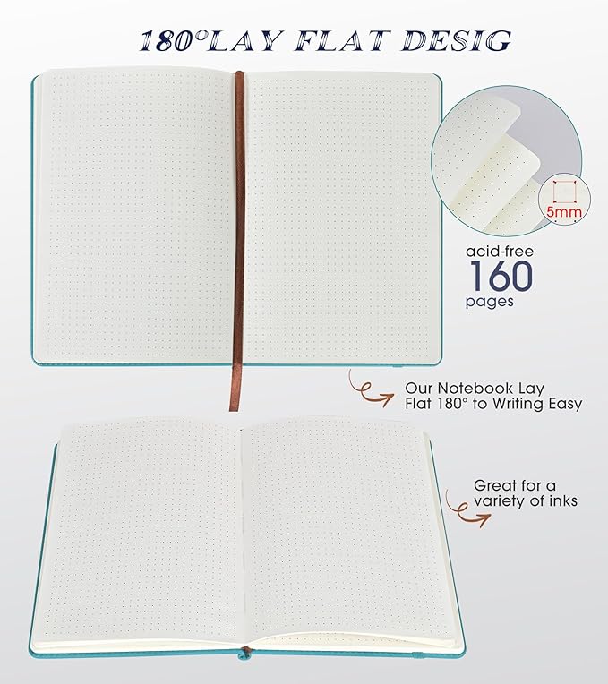 Biuwory Dotted Journal Notebook for Women Men, 160 Pages Hardcover Dot Grid Notebooks for Work, School & Travel, Leather Journals for Writing, Bullet Journaling 5.7"×8.3" (Blue)