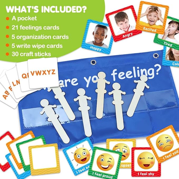 Eamay Emotions and Feelings Pocket Chart for Kids with 31 Cards,Social Emotional Learning Pocket Chart for Classroom and Home-School,Blue