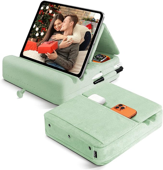 Tablet Pillow Stand with Storage, Foldable iPad Holder for Lep, Bed, Sofa, and Desk - Soft Pad Dock with Pocket and Stylus Mount Compatible with 4-13" iPad Pro/Air/Mini, Galaxy Tab, Kindle