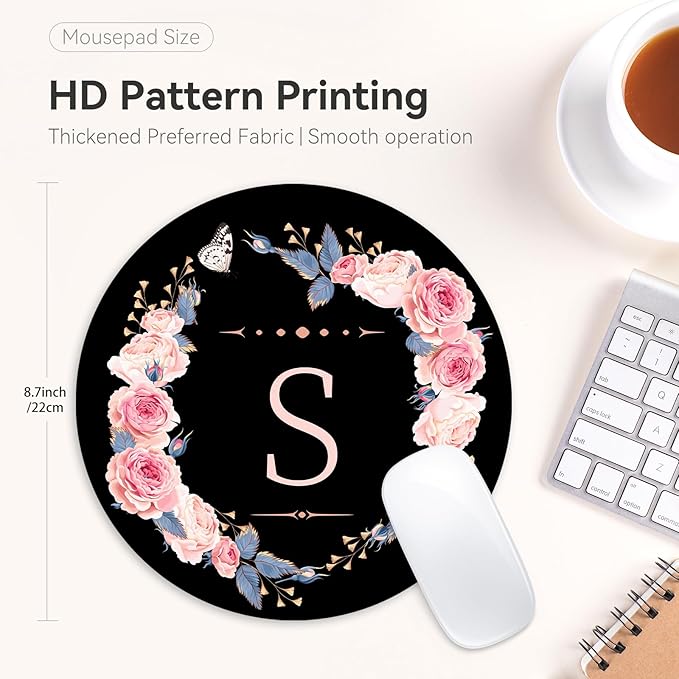 Letter S Black and Pink Flowers Round Mouse Pad, Funny Small Mouse Mat with Non-Slip Rubber Base, Home Office Decor Desk Accessory, 8.7inch Round