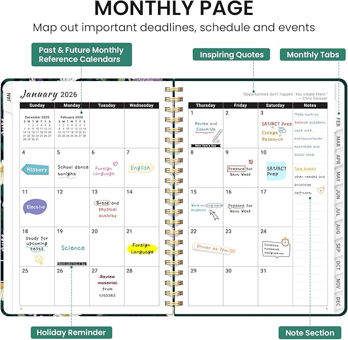 2026 Planner, Weekly and Monthly Calendar Planner for Women, Jan 2026 - Dec 2026, Hardcover Planning Agenda book with Tabs, Spiral Bound, Inner Pocket, Perfect for School Office Supplies, 8.5" x 11" - Wild Asters