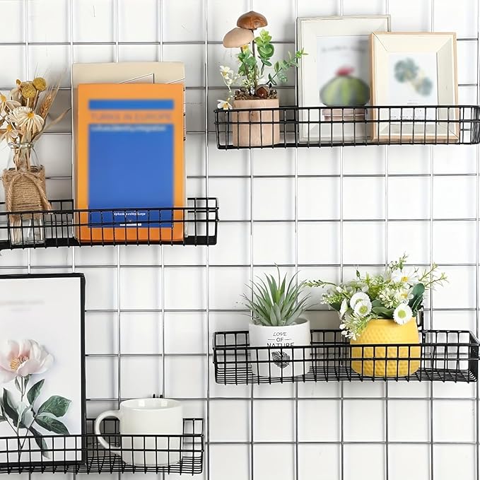 4 Pack 15.75 x 6 x 2.36 Inch Metal Grid Wall Baskets with Hooks, Hanging Wire Grid Basket, Multi-Function Wall Mounted Organizer for Kitchen Organizing Display, Black