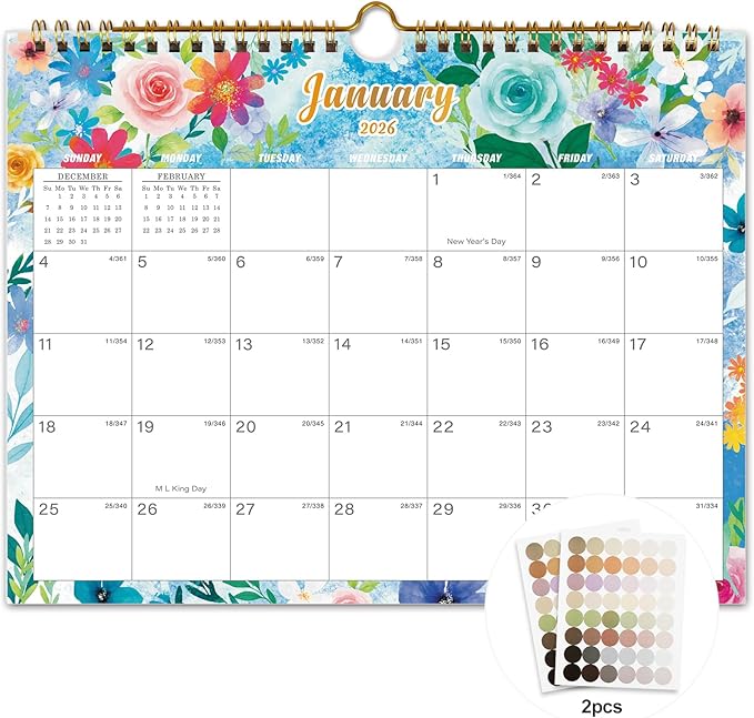 Calendar 2026-18 Monthly Wall Calendar, January 2026 - June 2027, 8.5" x 11", Calendar 2026-2027 with Twin-Wire Binding, Hanging Hook, Blocks and Julian Dates (Watercolor Wall Calendar)