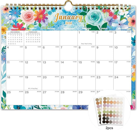 Calendar 2026-18 Monthly Wall Calendar, January 2026 - June 2027, 8.5" x 11", Calendar 2026-2027 with Twin-Wire Binding, Hanging Hook, Blocks and Julian Dates (Watercolor Wall Calendar)
