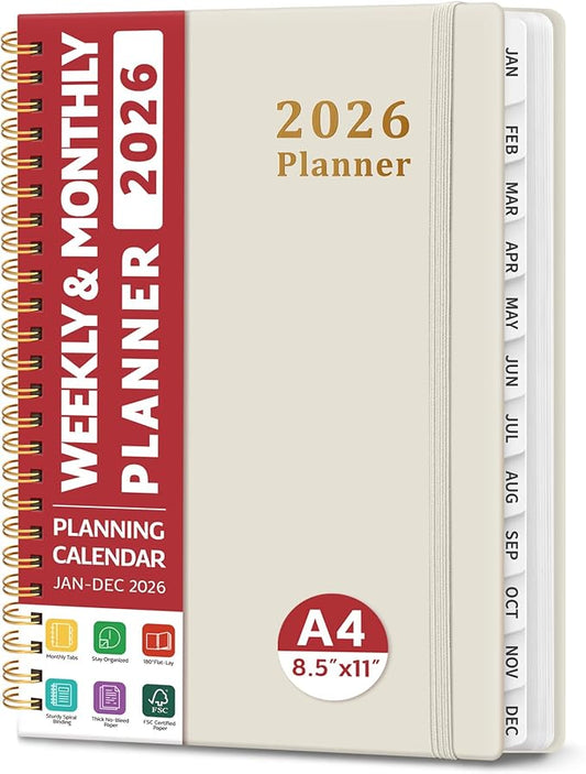 2026 Planner, Weekly and Monthly Calendar Planner, January 2026 - December 2026, Hardcover 2026 Calendar Book with Tabs For Women & Men, Inner Pocket, Spiral Bound, Perfect for Office Home School Supplies - A4 (8.5" x 11"), Gray