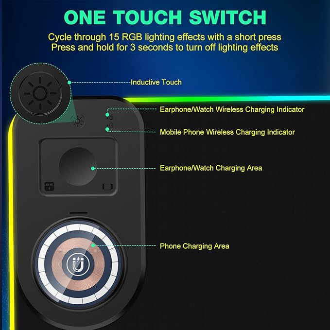 RGB Gaming Mouse Pad Wireless Charging Desk Mat with Foldable Phone Stand, Large LED Gaming Mat 800x350x4mm, 15 Light Modes, Waterproof, Keyboard Pad for PC Computer, Includes 20W PD Power Adapter
