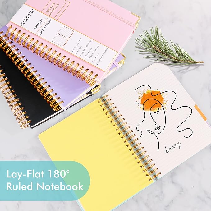 Huhuhero 5 Subject Notebook with Dividers, 240 Pages Pink Spiral Journal College Ruled, B5 Aesthetic Writing Journals for Women, Hardcover Notebooks for Work Note Taking, College Essentials