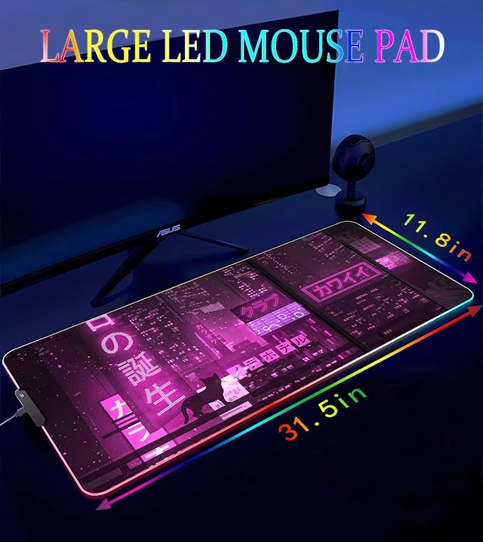 RGB Gaming Mouse Pad, Large Mousepad with Led Light, Gaming Accessories Keyboard Pad for Desk, Non-Slip Rubber Base Big Mouse Mat for Gamer, 31.5 X 11.8 Inch, Purple Anime