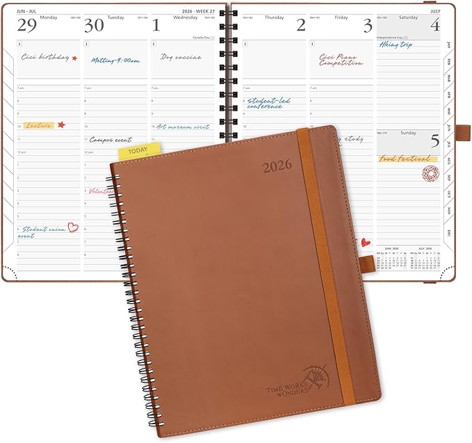 POPRUN 2026 Planner (Large - 8.5" x 10.5") with Hourly Schedule & Vertical Layout - 2026 Weekly Calendar (Jan. 2026 - Dec.2026) for Time Management, Monthly Tabs, Spiral Bound, Soft Cover - Brown