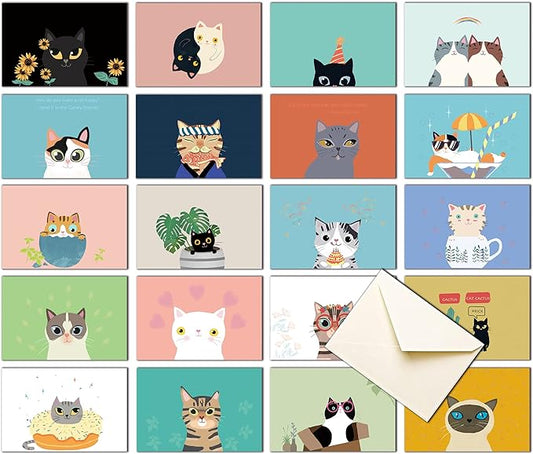 20 Greeting Cards, Blank Thank You Cards With Envelopes Cute Cat Bulk Note Cards Stationery Box Set For All Occasions Birthday Thank You Wedding and More.Cat greeting cards