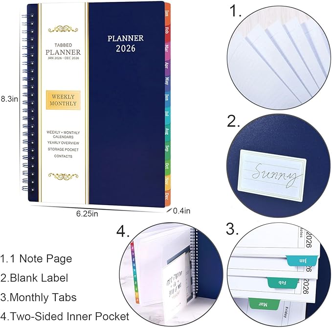 2026 Planner - Planner 2026, 2026 Planner Weekly and Monthly with Tabs, Jan 2026 - Dec 2026, 6.25" × 8.3", Strong Twin-Wire Binding