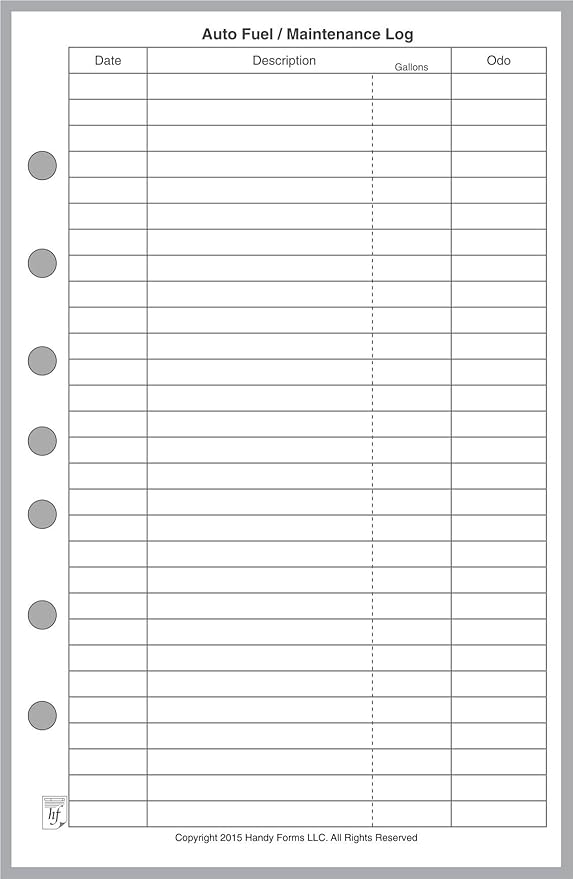 Classic Size Auto Fuel and Maintenance Log, Sized and Punched with 7 Holes for 7-Ring Notebooks Such as Franklin, etc. (5.5" x 8.5")