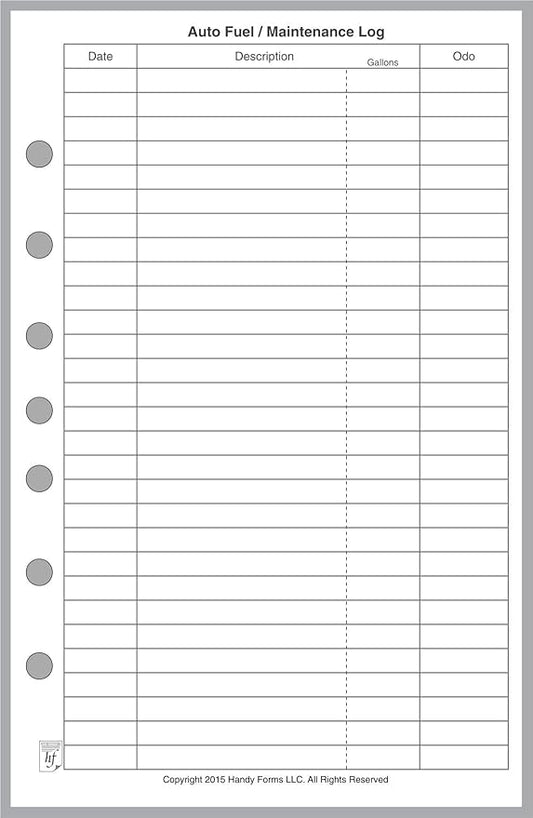 Classic Size Auto Fuel and Maintenance Log, Sized and Punched with 7 Holes for 7-Ring Notebooks Such as Franklin, etc. (5.5" x 8.5")