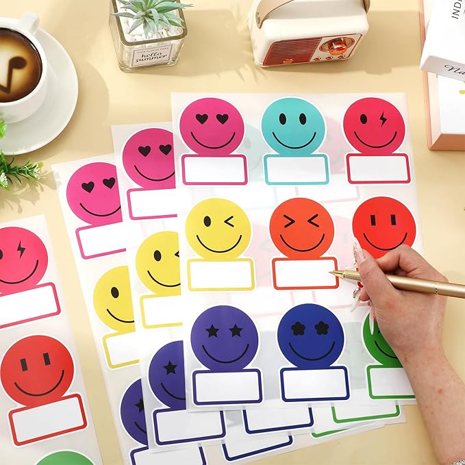 Whaline 135Pcs Rainbow Smile Face Name Tag Sticker Back to School Nameplate Sticker 9 Designs Happy Face Bright Colors Label Decal Cute Classroom Bulletin Board Decor for Office Desk Wall Decor