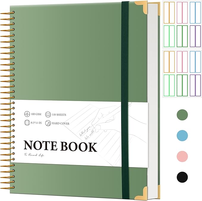 Large Spiral Notebook College Ruled with Tab Stickers A4 Notebooks for School Supplies Hardcover Spiral Notebook 8.5 x 11 Journal Note Book for Work Note Taking Women Men Writing, 220 Pages, Green