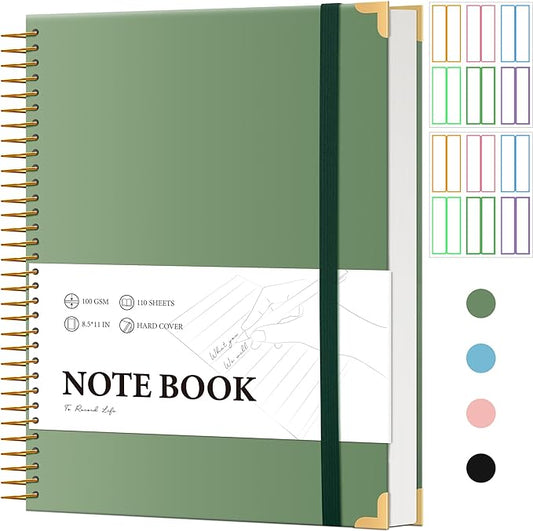Large Spiral Notebook College Ruled with Tab Stickers A4 Notebooks for School Supplies Hardcover Spiral Notebook 8.5 x 11 Journal Note Book for Work Note Taking Women Men Writing, 220 Pages, Green