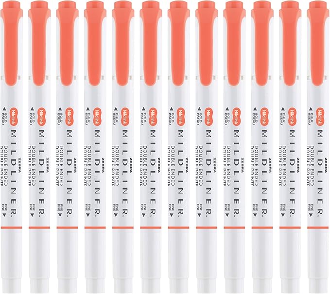 Zebra Pen Mildliner Double-Ended Highlighter Marker Set, Broad and Fine Point Tips, Ideal for Bible Highlighting, No Bleed Mild Vermillion Ink, 12-Pack (78230upc)