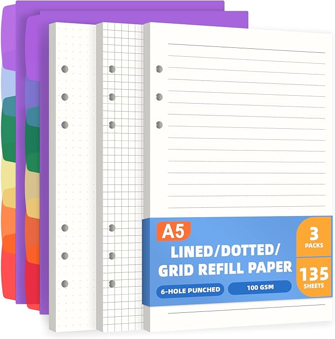 Antner A5 Refill Paper Planner Inserts for A5 6 Ring Binder, 135 Sheets 6-Hole Lined/Dotted/Grid Loose Leaf Filler Paper with Binder Dividers for Refillable Notebook, Journal, Planner, Sketchbook