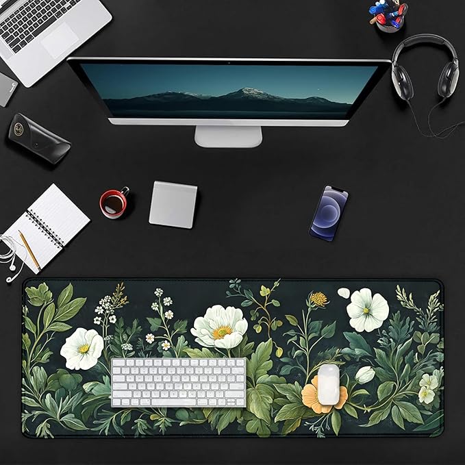 Vintage Wildflowers Flower Floral Large Mouse Pad, Desk Mat Computer Keyboard Pad Non-Slip Rubber Base Waterproof with Stitched Edges for Laptop Gaming, Office & Home 31.5 x 11.8 Inch