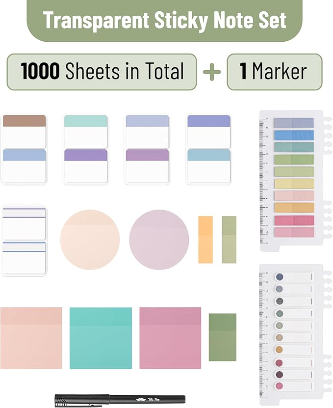 Mr. Pen- Transparent Sticky Note Set, 1000 Sheets, Colorful, Bible Sticky Notes Clear Sticky Notes Transparent, Transparent Sticky Notes for Bible Study, Stocky Notes for Bible Journaling