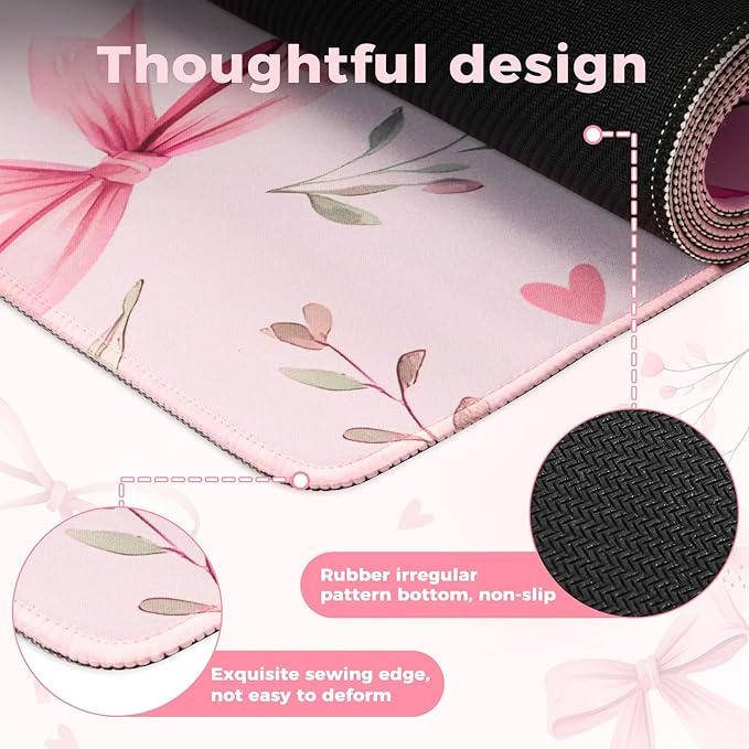 iCasso Pink Desk Mat,Cute Desk Pad for Women,Girly Bow Mousepad with Stitched Edges,Non-Slip Large Computer Mat for Study Gaming Home Office