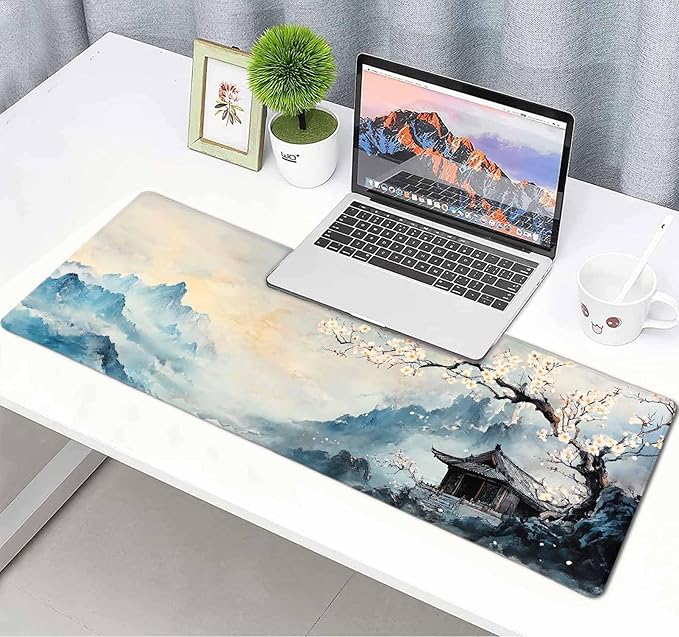 Large Cherry Blossom Japanese Mouse Pad, Desk Mat Computer Keyboard Pad Non-Slip Rubber Base Waterproof with Stitched Edges for Laptop Gaming, Office & Home 31.5 x 11.8 Inch