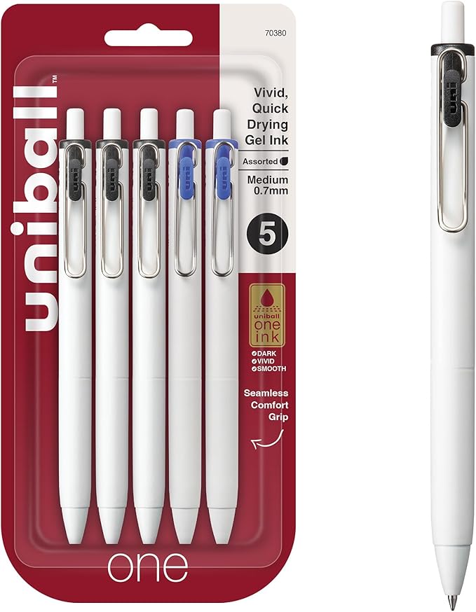 uniball one Retractable Gel Pens, Medium Point (0.7mm), Black and Blue Ink, 5 Pack