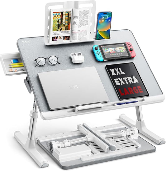 Laptop Bed Tray Table, SAIJI Adjustable Bed Desk for Laptop, Foldable Laptop Stand with Storage Drawer for Eating, Working, Writing, Gaming, Drawing (Khaki Gray, X-Large)