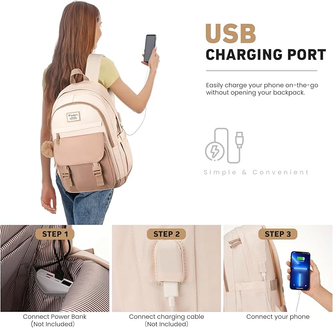 School Backpack for Teen Girls, Cute College Backpacks for Women Students Aesthetic Bookbag Large 17.3 Inch Laptop Bag Middle School Travel Back Pack (Khaki Beige)