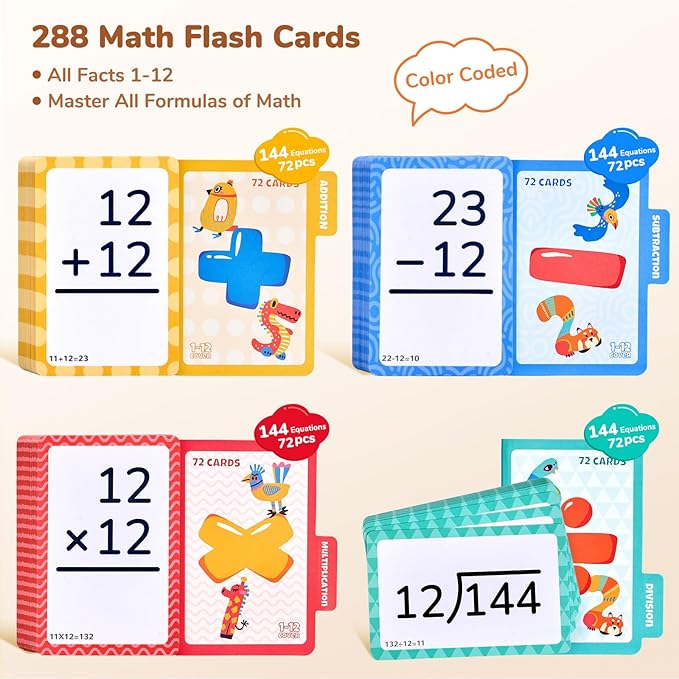 JoyCat 288 Math Flash Cards Set of 4- Multiplication, Division, Addition and Subtraction Flashcards for Kids 1st 2nd 3rd 4th 5th Grade or Kindergarten Homeschool Supplies