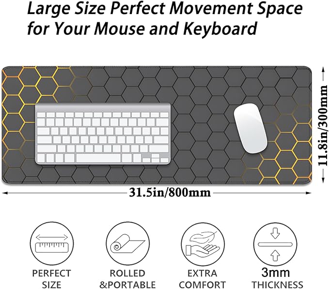 Black Gold Honeycomb Desk Pad Mouse Pad,Extend XL Mouse Mat with Stitched Edges,Non-Slip Rubber Base Large Mousepad for Office PC Keyboard Laptop and Home Work Desk Mat(31.5X11.8 in)
