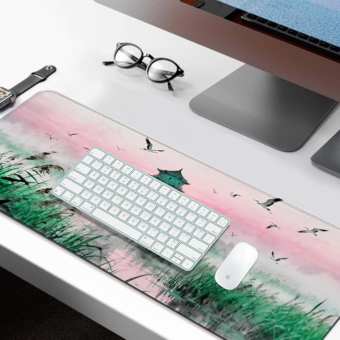 Fantasy Green Tower and Egret XL Large Desk Mat, Extended Long Desk Pad for Gaming and Office, Non-Slip Rubber Base, Comfortable Surface Mouse Pad, 31.5x11.8 in (H24)