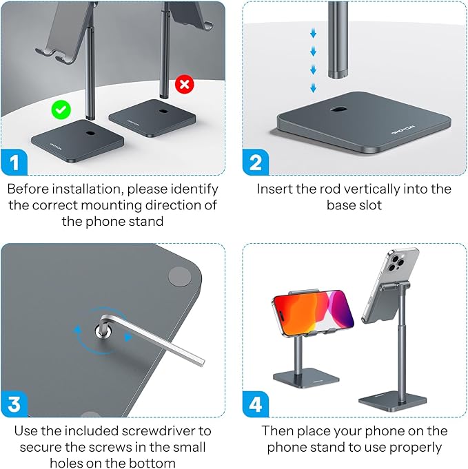 OMOTON Cell Phone Stand, Adjustable Angle Height Desk Phone Dock Holder for iPhone Air/17 Pro Max/ 11 Pro/XS Max/XR, Samsung Galaxy S20 / S10 / S9 / S8 and Other Phones (3.5-7.0-Inch), Gray