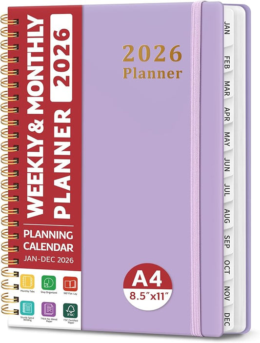 2026 Planner, Weekly and Monthly Calendar Planner, January 2026 - December 2026, Hardcover 2026 Calendar Book with Tabs For Women & Men, Inner Pocket, Spiral Bound, Perfect for Office Home School Supplies - A4 (8.5" x 11"), Purple
