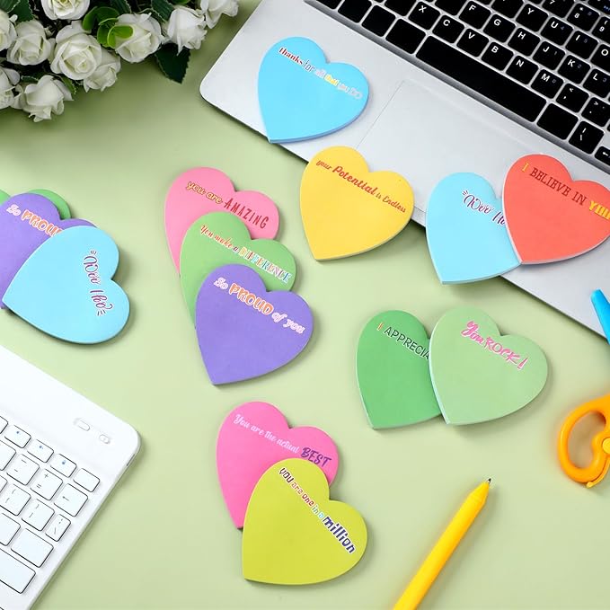 Teling 24 Pack Valentine's Day Sticky Notes Heart Shape Sticky Notes 3 x 3 Inch Appreciation Notepads Bulk Cute Memo Pads for Galentines Party Gifts School Office Supplies (Bright)