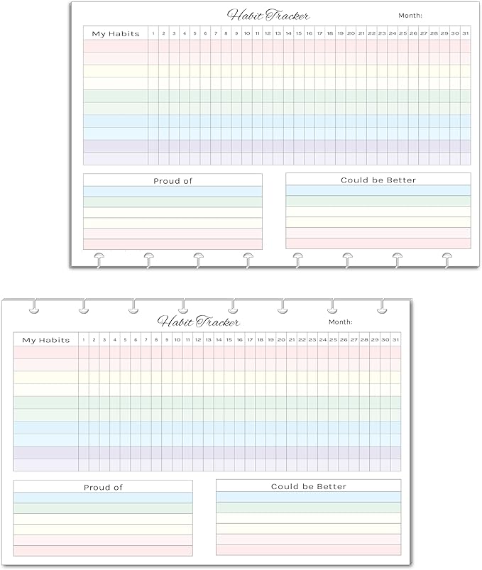 Horizontal Habit Tracker Inserts for 7, 9, 11 Disc | Mini, Classic, Skinny, Big, Letter, Junior Size Planners | Color or Black & White | Monthly Habit Log (Color, 8-Disc Junior)