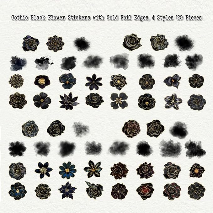 120 Pieces Gothic PET Stickers for Journaling Adults, Black Rose Flowers with Gold Foil Edges, Floral Sticker for Scrapbooking, Junk Journal, Bujo, Collage, Planners, Card Making