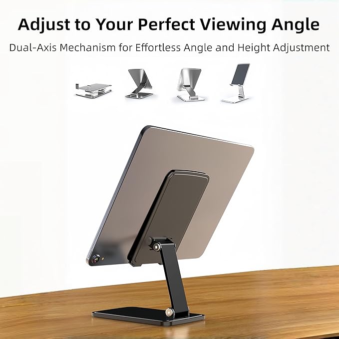 Foldable & Height Adjustable Phone Stand for Desk, Carbon Steel Stable Cell Phone Holder, Universal for iPhone/iPad/Tablets, Portable Pocket-Sized Stand for Home Office Kitchen - Gray