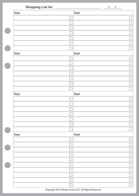 A5 Size Shopping List, Sized and Punched for6-Ring A5 Notebooks by Filofax, LV (GM), Kikki K, TMI, and Others. Sheet Size 5.83" x 8.27" (148mm x 210mm)
