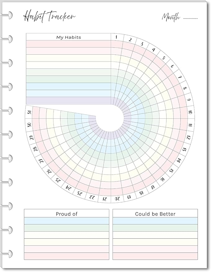 Color Habit Tracker Inserts for 11-Disc Planners Resolution Tracker Habit Log Fits TUL Letter Big Happy Planner Staples ARC Notebook Levenger Circa, NOTIQ Letra Marta Steward (11 Disc Letter)
