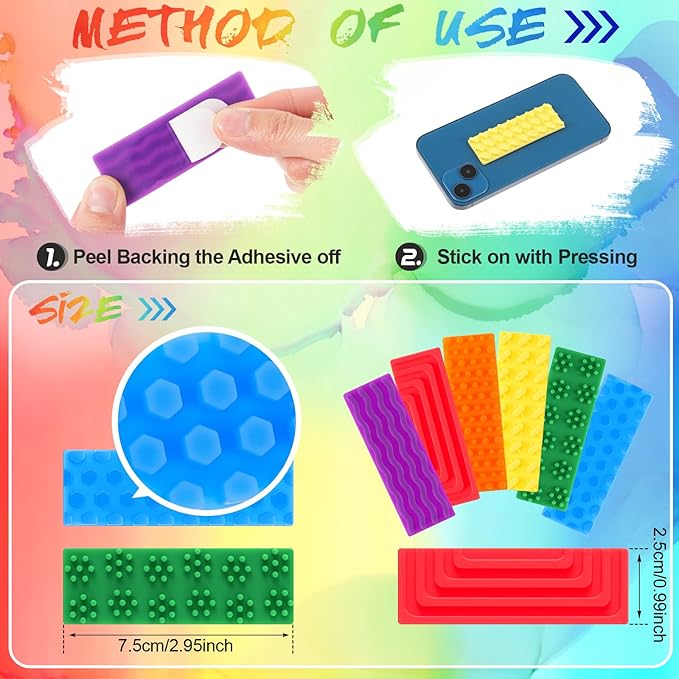 Ireer 6 Pcs Textured Sensory Stickers Silicone Desk Fidget Decals Thick Mental Health Stickers Strips Different Textured Calm Decals Stress Anxiety Relief Items for Adult Autism ADHD Desk Office Gift
