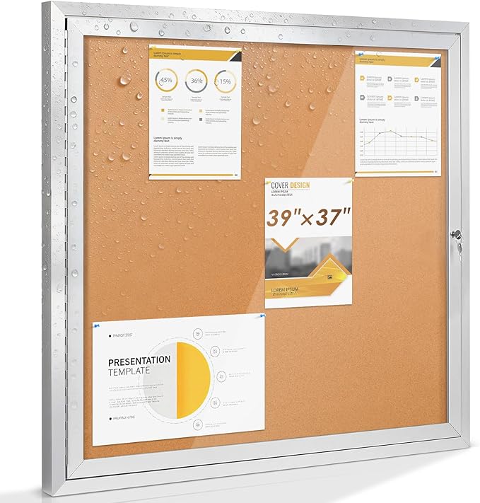 SWANCROWN Outdoor Enclosed Cork Bulletin Board Weatherproof Display Cases Tamperproof Notice Poster Memo Board with Aluminum Frame (Cork, 39x37 inches)