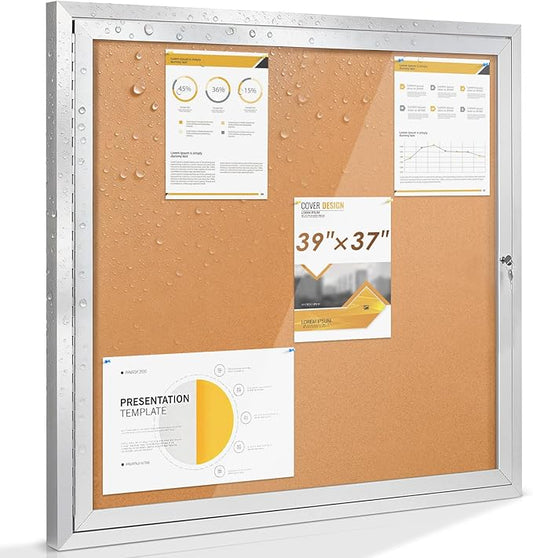 SWANCROWN Outdoor Enclosed Cork Bulletin Board Weatherproof Display Cases Tamperproof Notice Poster Memo Board with Aluminum Frame (Cork, 39x37 inches)
