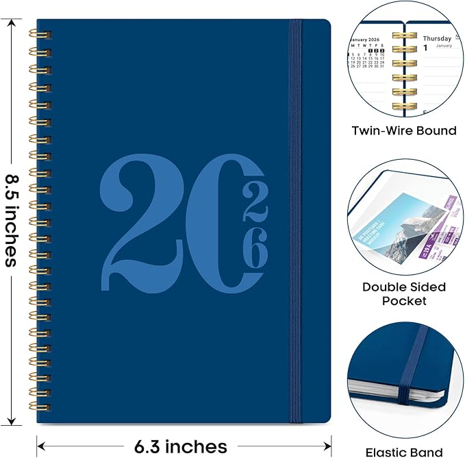 2026 Planner, Weekly and Monthly Calender Planner, Jan 2026 to Dec 2026, Hardcover 2026 Calendar Book with Tabs & Inner Pocket, Office Home School Supplies for Women & Men - A5 (6.3" x 8.5"), Navy Blue