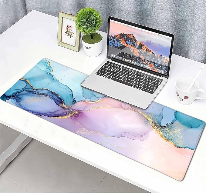 Pink Gold Texture Marble Large Mouse Pad, Desk Mat Computer Keyboard Pad Non-Slip Rubber Base Waterproof with Stitched Edges for Laptop Gaming, Office & Home 31.5 x 11.8 Inch