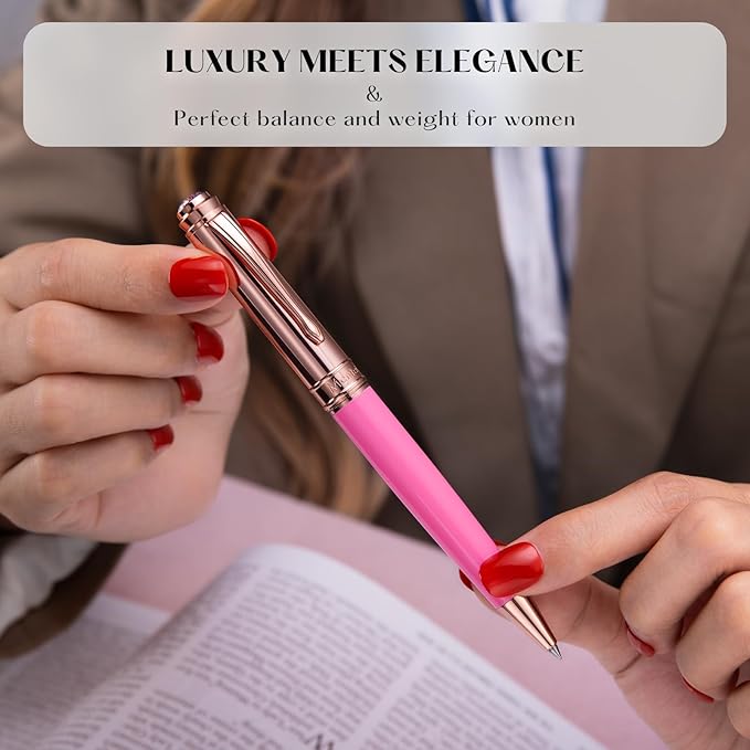 Luxury Gel Pen, Top Set With 8mm Brilliant Diamond,Vibrant Pink Pen Body,Attractive Rose Real Gold Finish, Black Refill,Elegant Gift Pen For Women, Executive, Fancy, Nice Pens