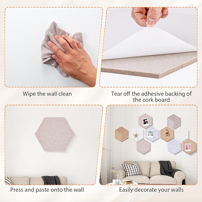 Hexagon Cork Board Tiles 10 Pack 12'' x 10'' Cork Bulletin Boards Tiles for Walls, Hexagon Small Cork Boards with 50 Wooden Push Pins, for Office Home Photos DIY Classroom Decor